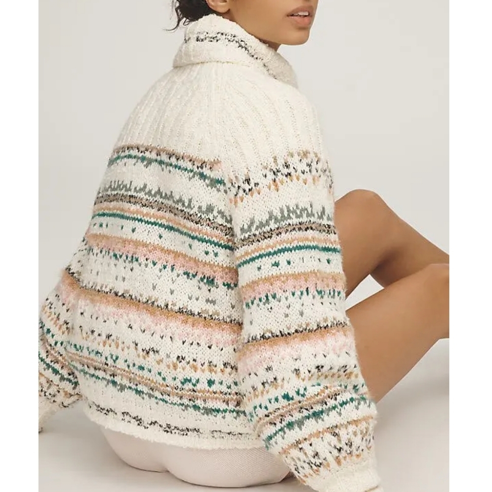 Pilcro Cream Cowl-Neck Sweater with Teal and Peach Stripes - Picture 8 of 9